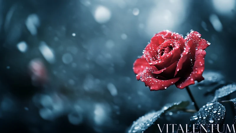 Red Rose with Water Droplets in Moody Blue Light.