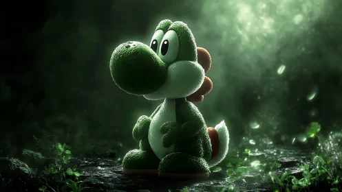 Gentle green dinosaur friend glows softly in a misty forest