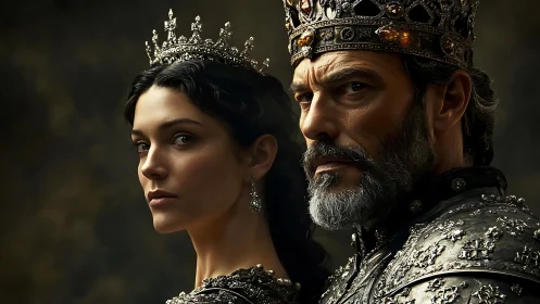 Regal monarchs in jeweled armor under dramatic chiaroscuro