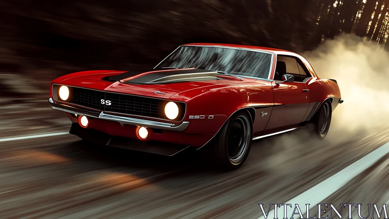 Vintage red muscle car slashes through dusk in fiery motion