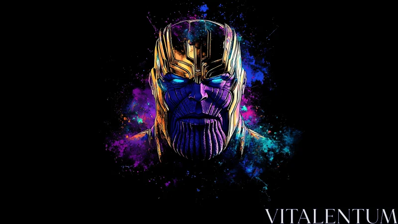 Cosmic villain portrait in neon splatter digital art.