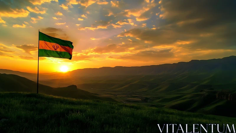 Sunlit flag over rolling green hills at peaceful sunset.