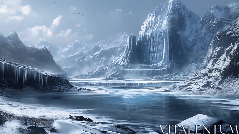 Frozen fortress rising over glacial mountain lake.