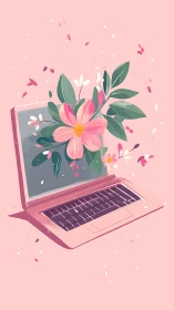 Laptop garden blooms in soft pink digital daydreams.