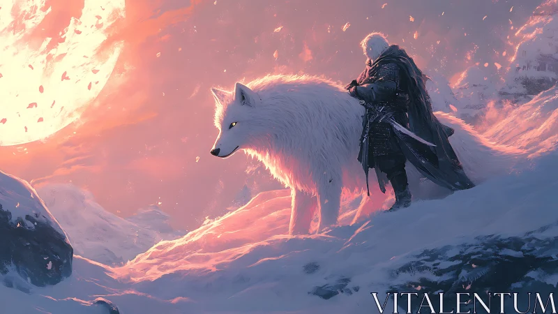 Lone warrior with white dire wolf under radiant winter moon.