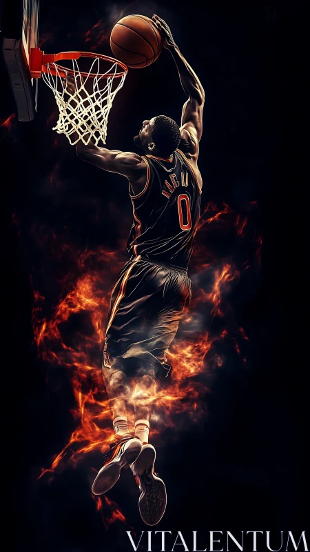 Fire-lit dunker streaking skyward in molten midnight flame.