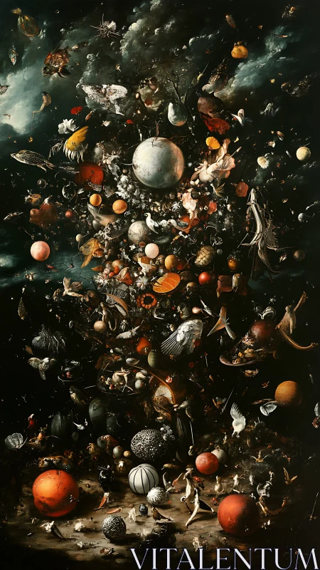 Surreal celestial vortex of birds, planets and debris.