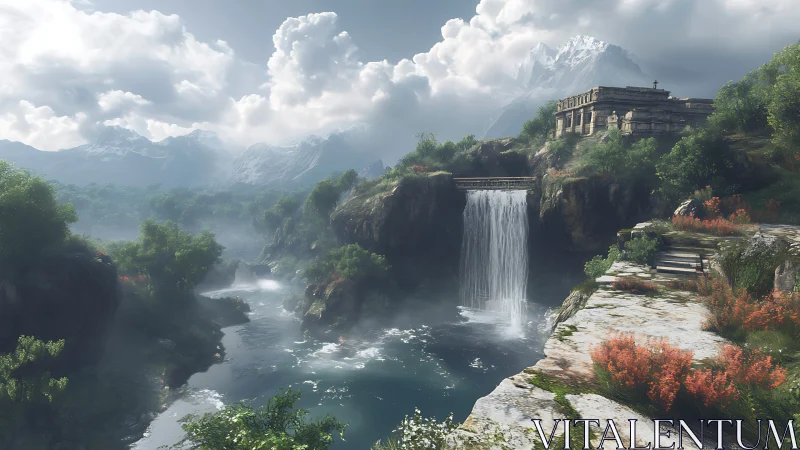 Ancient stone temple above misty river waterfall scene.