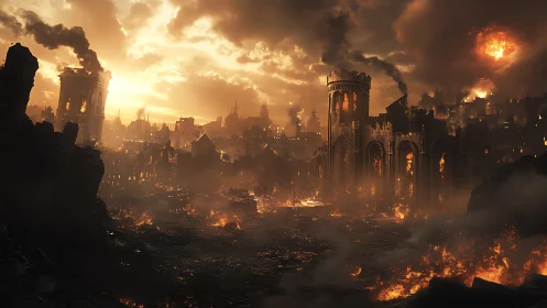 Burning medieval city under apocalyptic fiery skies.