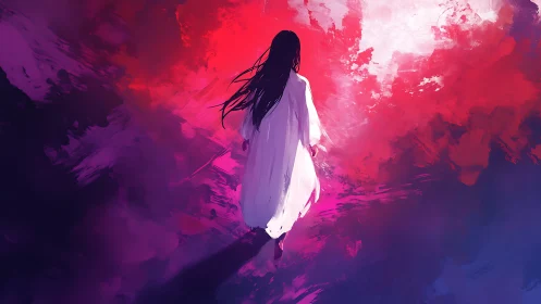 Solitary figure walks into radiant crimson dreamscape