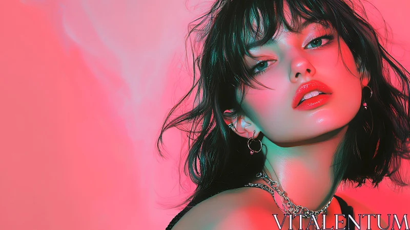 Digital portrait of woman in red and teal studio lighting.