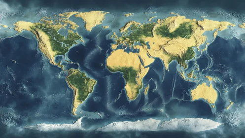 Textured world map with shaded relief and oceans.