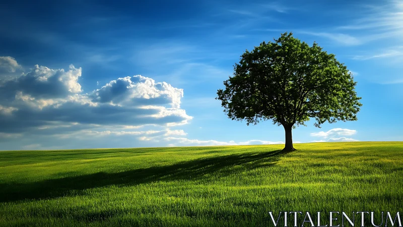 Lone Tree on Green Field Under Blue Sky, Photorealistic Landscape.