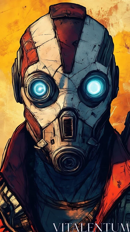 Cel-shaded cybernetic sentry with luminescent ocular arrays.