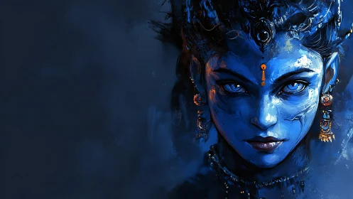 Blue-skinned digital portrait shows intense forward gaze