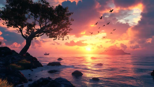 Coastal tree silhouette over iridescent sunset seascape.