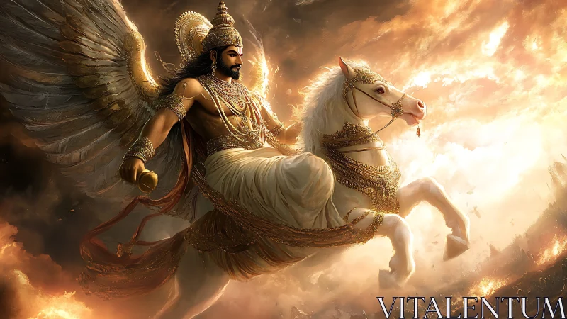 Winged warrior deity riding armored white horse in sky.