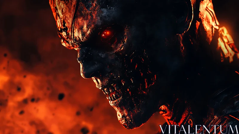 3D infernal cyborg skull profile with molten chiaroscuro lighting.