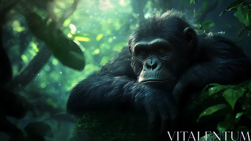 Melancholic silverback gorilla resting on mossy jungle log