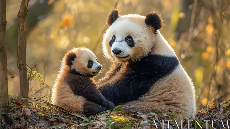 Panda parent and cub trade forest secrets in autumn light