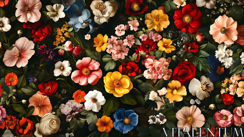 Floral composition with varied flowers on dark background.
