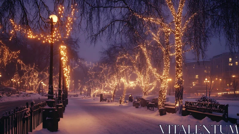 Snow-covered urban park path illuminated by dense warm fairy lights