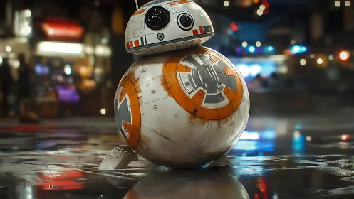 Spherical robot droid gleams on a neon soaked city street