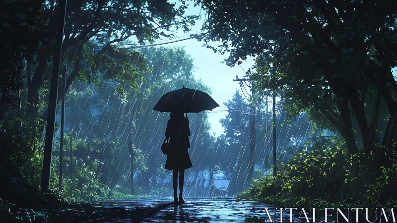 Anime rainscape with silhouetted figure under umbrella at dusk.