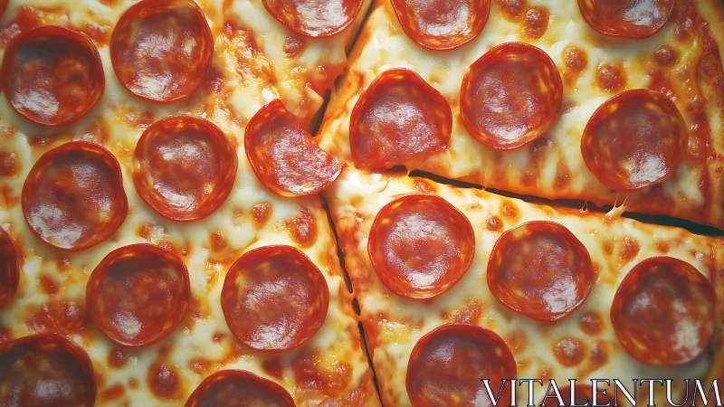 Overhead close-up of pepperoni pizza with melted cheese.
