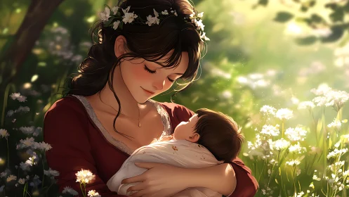 Luminous Tenderness: A Mother's Quiet Moment in Blossomed Light