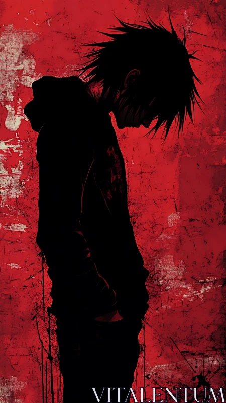 Silhouetted hooded teen profile on distressed red grunge field