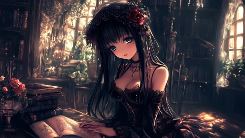 Gothic sorceress reading in a sunlit, dustlit library.