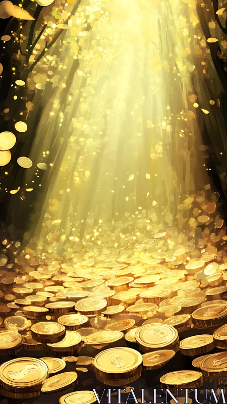 Golden coins shimmer beneath radiant forest light beams.
