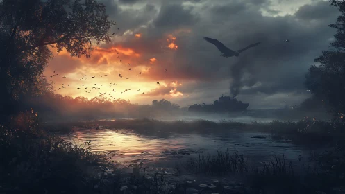 Storm-lit riverbank frames cargo vessel under ominous sky