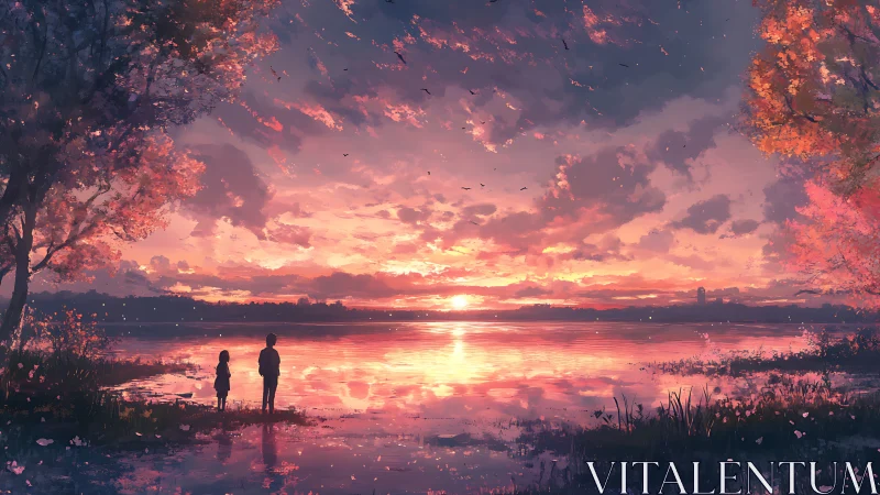 Gentle sunset welcomes two quiet figures by the glowing lake