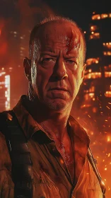 Weathered action survivor stands strong amid city fire