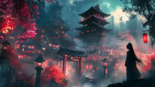 Nocturnal neon pagoda city under spectral cyan atmosphere.