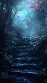 Mystical Forest Path with Pink Blossoms and Blue Light.