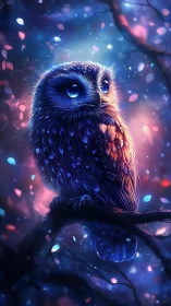 Gentle stargazing owl resting in a glowing dream forest.
