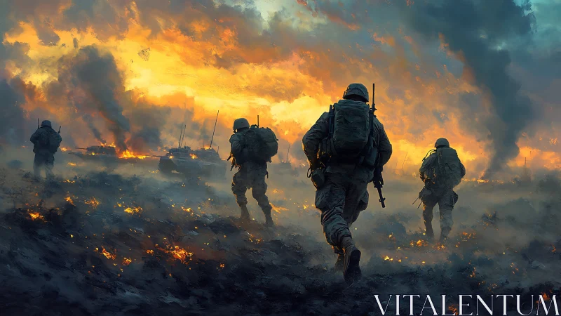 Soldiers stride through burning dusk on a smoke-choked battlefield.
