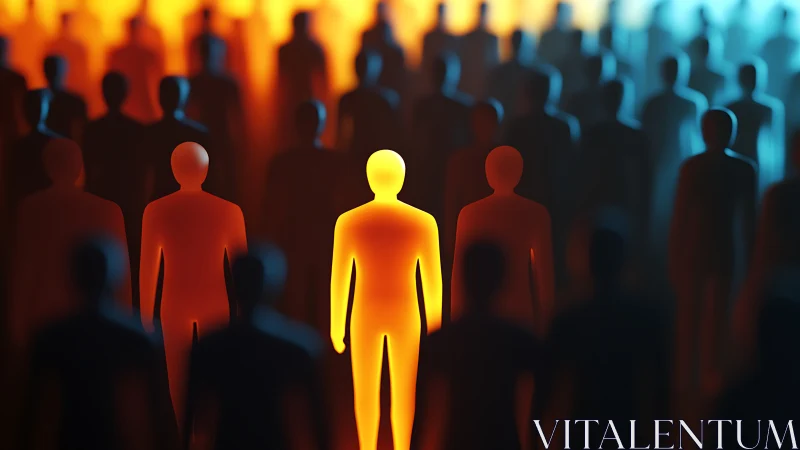 3D crowd silhouette composition with luminous central figure.