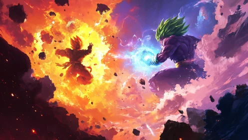 High-energy anime duel with opposing elemental energy auras