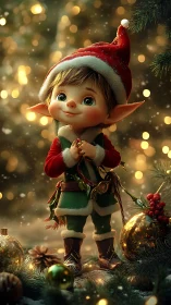 Christmas elf child stands among glowing festive ornaments