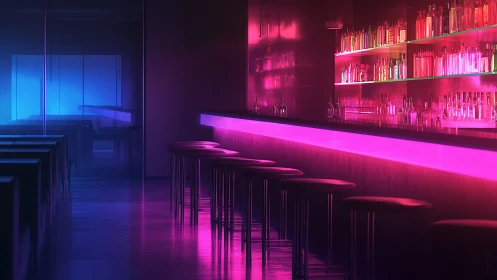 Neon-lit minimalist bar interior uses dual-tone gradient illumination
