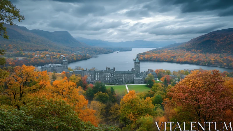Riverside academy complex framed by dramatic autumn hills.