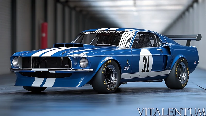 Photorealistic blue Shelby race Mustang with aero kit in tunnel