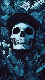 Night garden skull rests quietly among lush blue leaves