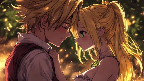 Golden hour anime couple shares a tender, glowing embrace