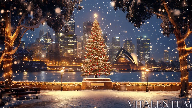 Digital painting of festive city waterfront with snowlit tree.