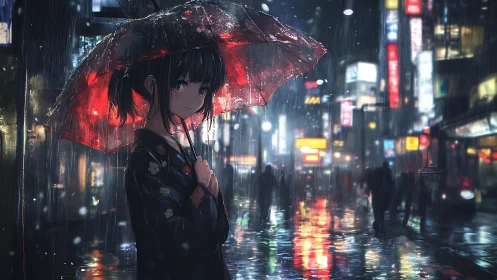 Anime night rain portrait under neon city umbrella lighting.